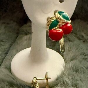 Elegant Gold and Red Cherry Earrings